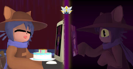 A render divided into two halves; The left half is Niko sitting at the computer in the starting house, holding a cake with a bunch of candles and smiling. The right half is the World Machine taking Niko's reflection in a black and purple void. They have a