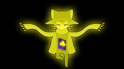 A render of Sol, a Niko colorshifted and glowing yellow, floating in a black void with a symmetrical pose, the Author's journal floating between their hands with the clover glowing yellow. Sol has their eyes closed and their scarf tails floating to the si