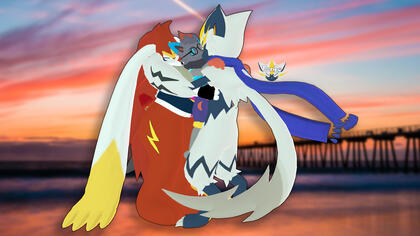 A render of Rei, sona Denko, and Jake superimposed on a blurred image of a beach at sunset. Jake is sandwiched between the two, being held up by Rei, whilst sharing a passionate kiss with Denko. Denko's paws extend behind Jake to caress Rei.